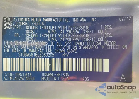 2012 Toyota Sequoia Sr5 5.7L V8 from USA, damaged, VIN 5TDBW5G16CS063205